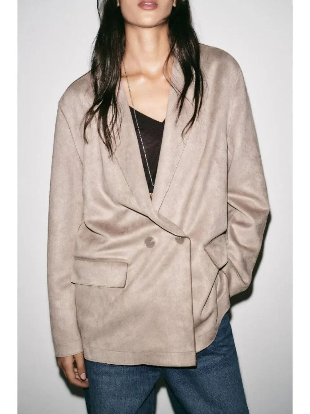 Zara Womens Blazer Jacket XL Beige Faux Suede Double Breasted 3046/271 NWT